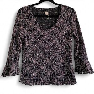 Vintage Brittany Black Mesh Lace Embroidered Top Pink Black M